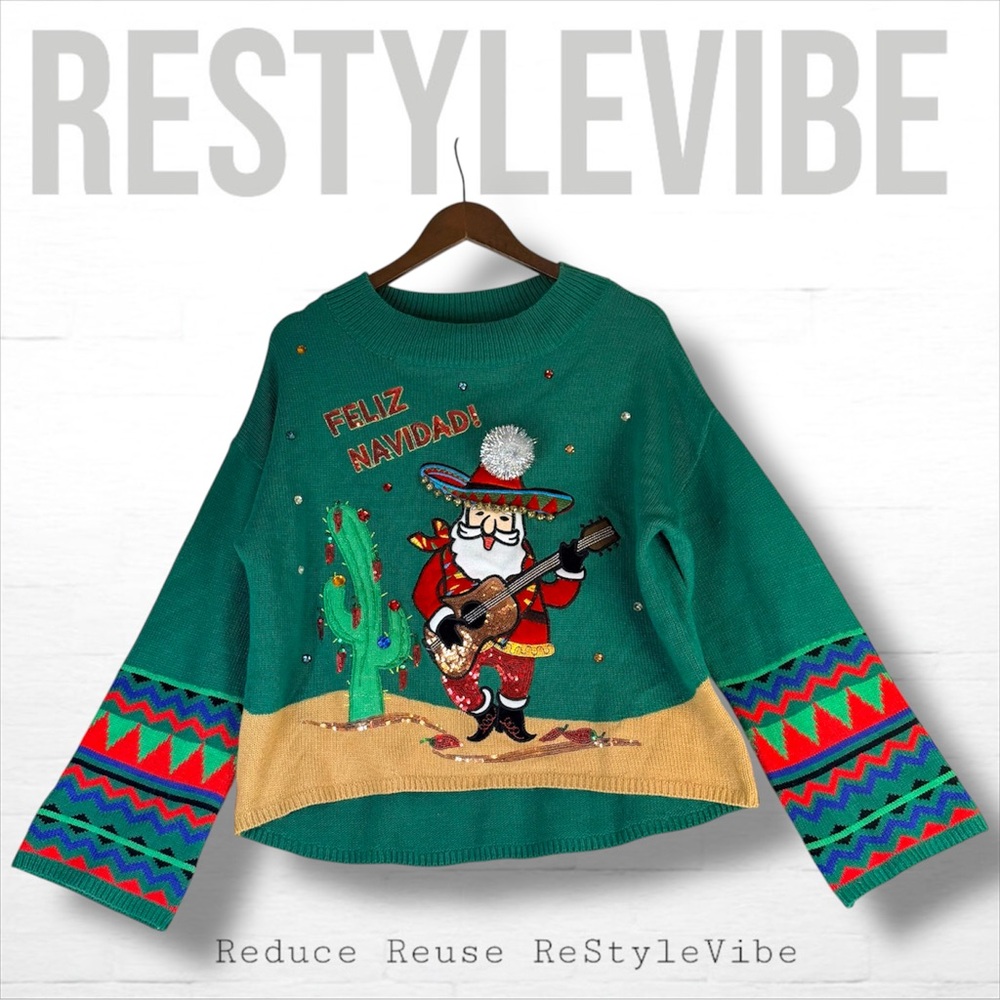 HOLIDAY TIME Women’s Size M Sweater Crew Neck Ugly Christmas Feliz Navidad Bells